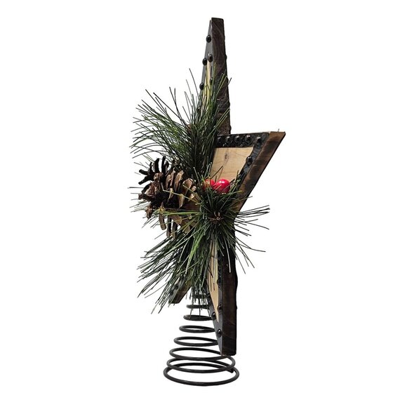 Rustic Metal and Wood Jute Star Pinecone and Evergreen Christmas Tree Topper - Picture 3 of 4